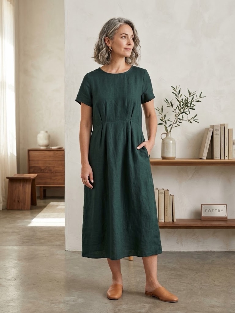 Poetry Linen Silk Pleated Midi Dress Forest Pine Green Pockets US 10 UK 14